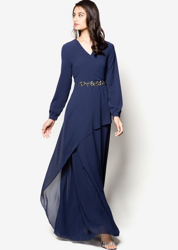 Long Dress Sifon Lengan Panjang Kerah V